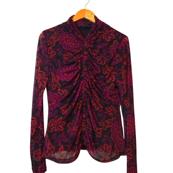 Jane and Delancey Dark Whimsical Floral Black/Red Gathered Front Sheer Top XL - Picture 2 of 11